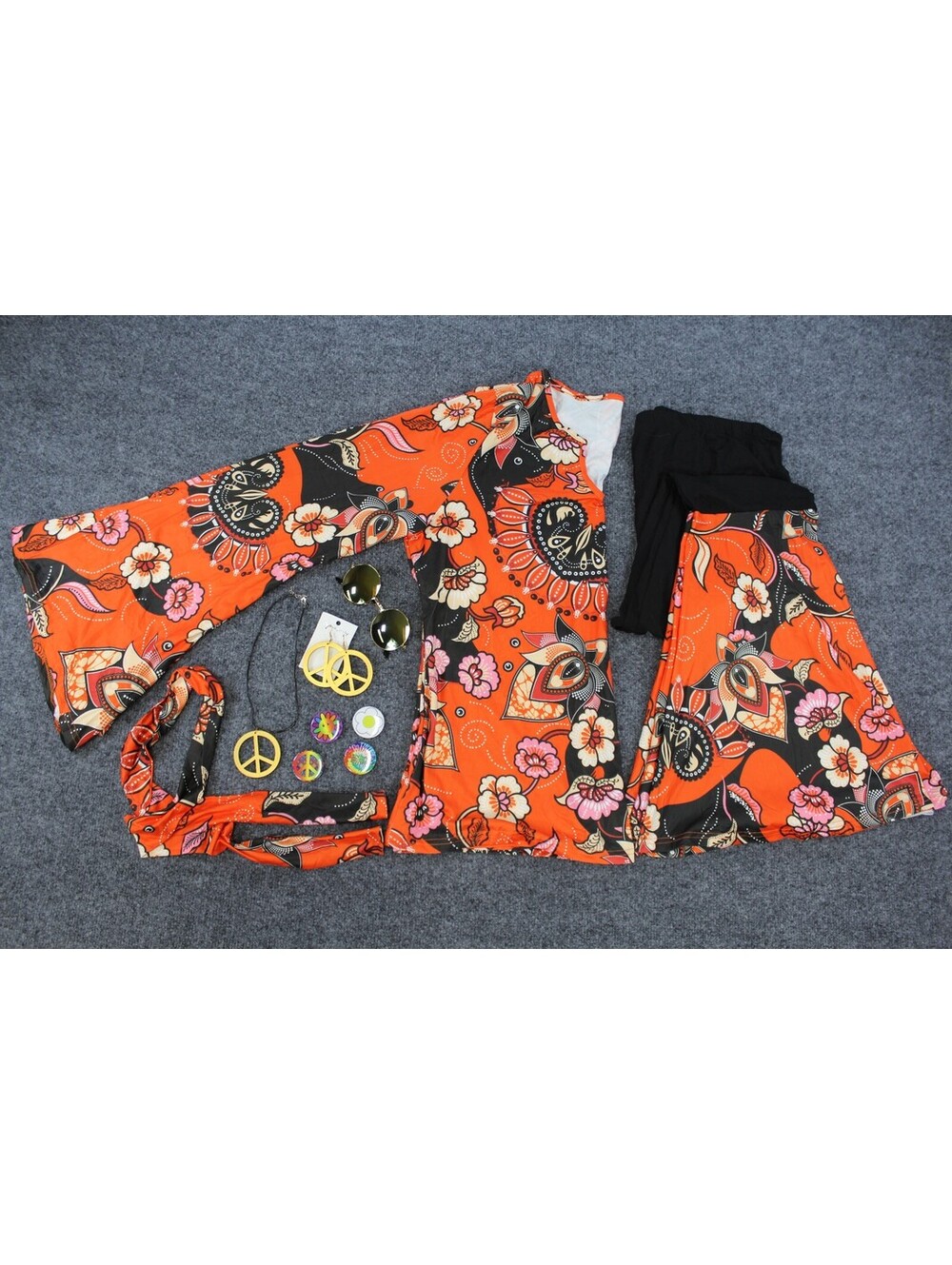Orange Floral Hippie Bell Costume 70s Retro Plus Size 3XL